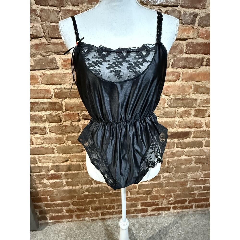Vintage Roberta Hollywood Black Nylon Lace Trim Teddy Set Sz M Elastic Waist